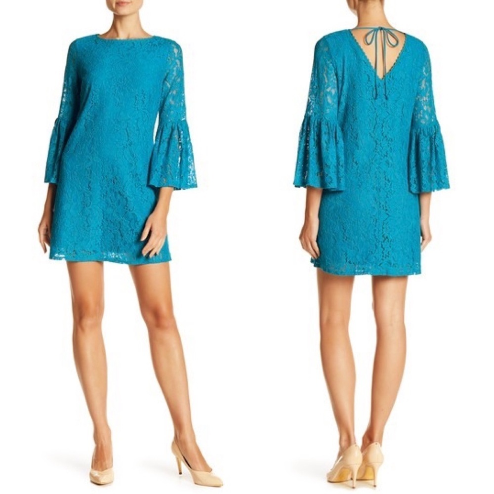 Laundry by Shelli Segal Dress 2 Mini Shift Blue 3/4 Bell Sleeve Lace Crew Neck